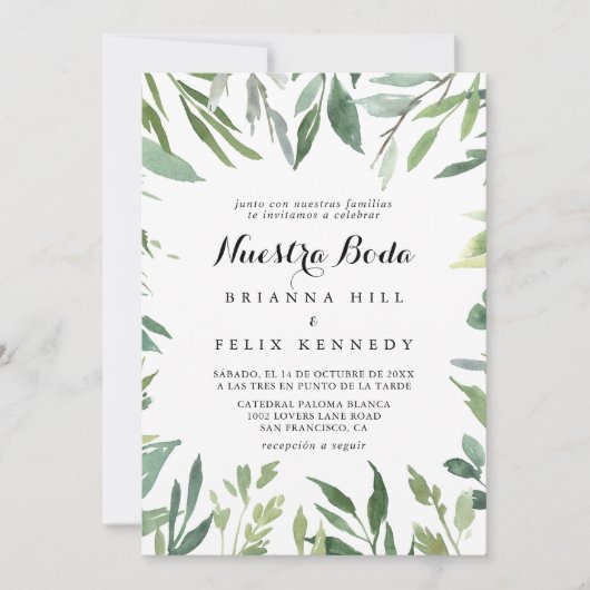 Elegant tropisch gebladerte Nuestra Boda bruiloft Kaart (Voorkant)