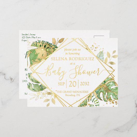 Elegant Tropisch Genderneutraal Baby shower Gold Folie Uitnodiging Briefkaart (Voorkant / Achterkant)