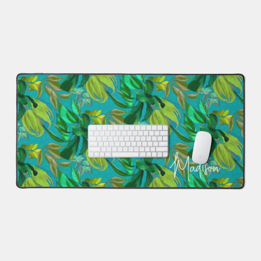 Elegant tropisch groen blad aqua patroon monogram bureaumat (Keyboard & Muis)