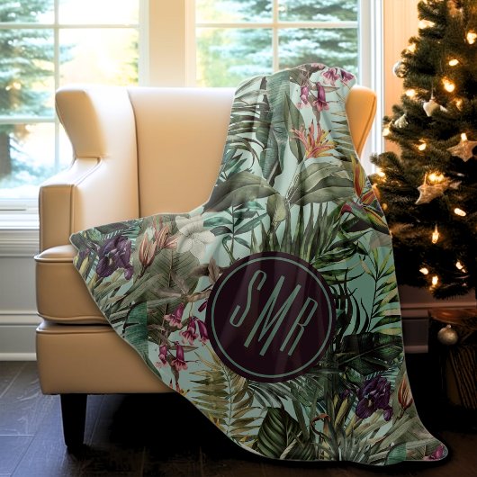 Elegant tropisch groen blad bloemenaquapatroon fleece deken