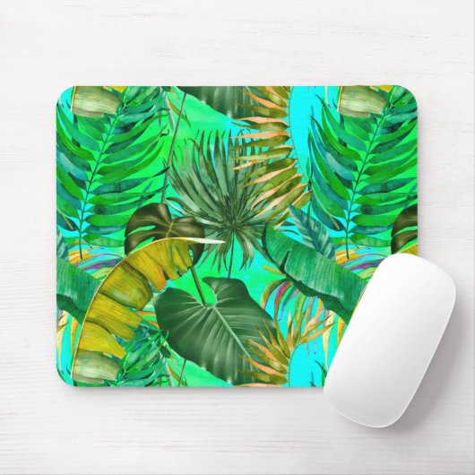 Elegant tropisch groen blad geel blauw patroon muismat (Met muis)