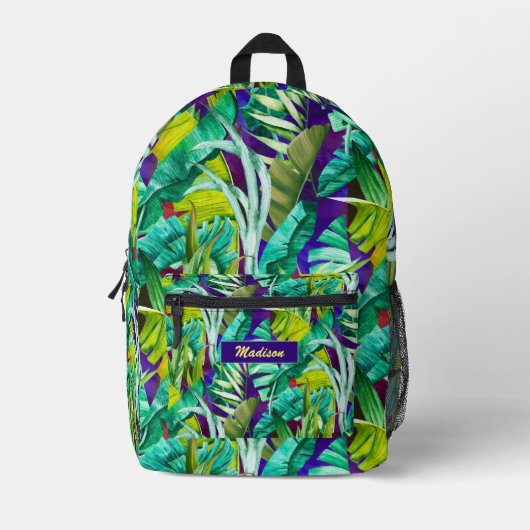 Elegant tropisch groen blad paarse bedrukte rugzak (Voorkant)