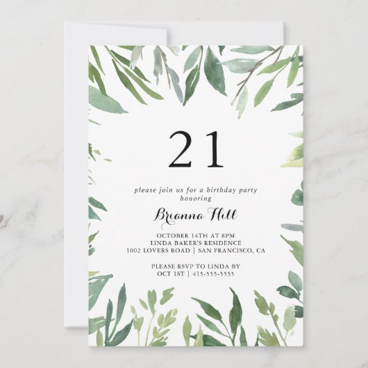 Elegant Tropisch Groen Bladgroen 21e Verjaardagsfe Kaart (Voorkant)