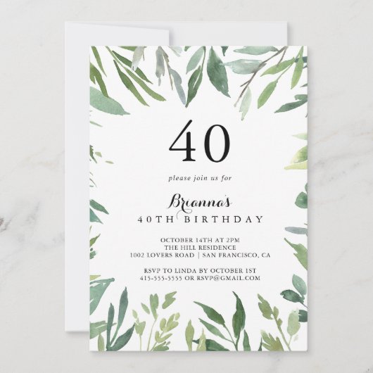 Elegant Tropisch Groen Bladgroen 40e Verjaardagsfe Kaart (Voorkant)