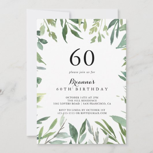 Elegant Tropisch Groen Bladgroen 60e Verjaardagsfe Kaart (Voorkant)