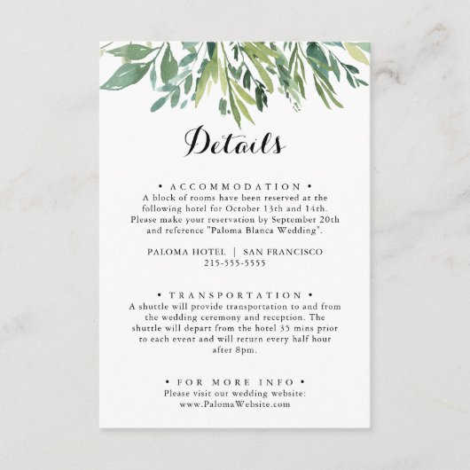 Elegant Tropisch Groen Bladgroen Bruiloft Details Informatiekaartje (Voorkant)