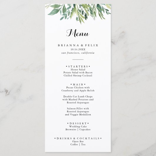 Elegant Tropisch Groen Bladgroen Kalligrafie Diner Menu (Voorkant)