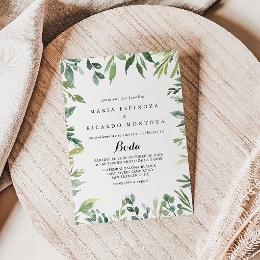 Elegant Tropisch Groen Bladgroen Spaans Bruiloft Kaart