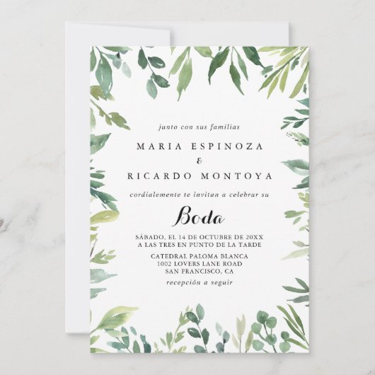Elegant Tropisch Groen Bladgroen Spaans Bruiloft Kaart (Voorkant)