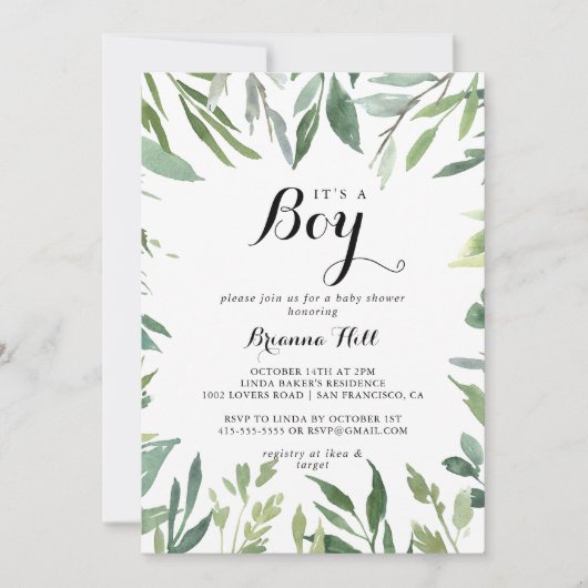 Elegant Tropisch Groen Het is een Jongen Baby show Kaart (Voorkant)