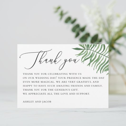 Elegant tropisch groen. Palmbladeren bruiloft Bedankkaart (Staand voorkant)