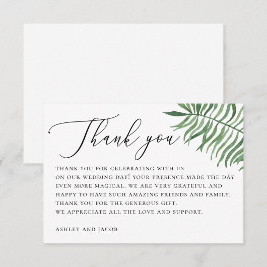 Elegant tropisch groen. Palmbladeren bruiloft Bedankkaart (Voorkant / Achterkant)