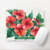 Elegant Tropisch Hawaii Hibiscus Groen Monogram Muismat (Met muis)