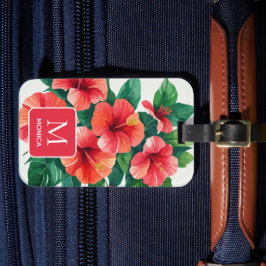 Elegant Tropisch Hawaii Hibiscus Rood Monogram Bagagelabel