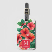 Elegant Tropisch Hawaii Hibiscus Rood Monogram Bagagelabel (Voorkant (verticaal))
