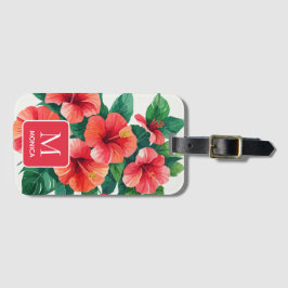 Elegant Tropisch Hawaii Hibiscus Rood Monogram Bagagelabel