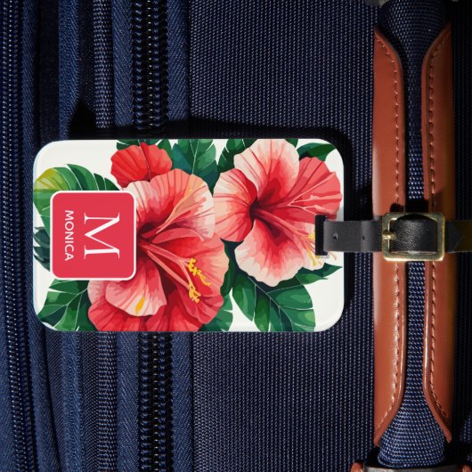 Elegant Tropisch Hawaii Hibiscus Rood Monogram Bagagelabel (Voorkant Insitu 4)
