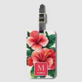 Elegant Tropisch Hawaii Hibiscus Rood Monogram Bagagelabel (Voorkant (verticaal))