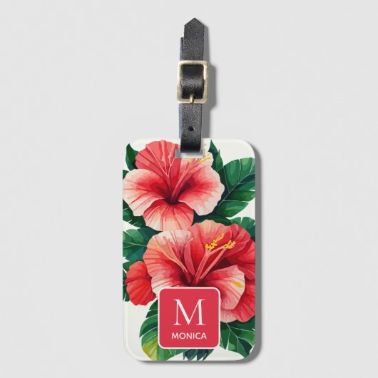 Elegant Tropisch Hawaii Hibiscus Rood Monogram Bagagelabel (Voorkant (verticaal))