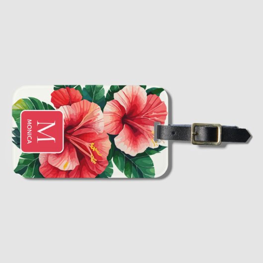 Elegant Tropisch Hawaii Hibiscus Rood Monogram Bagagelabel (Voorkant (horizontaal))