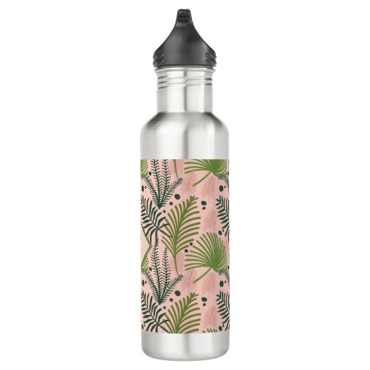 Elegant Tropisch Roze Bloemen Botanisch Monogram Waterfles (Rechts)