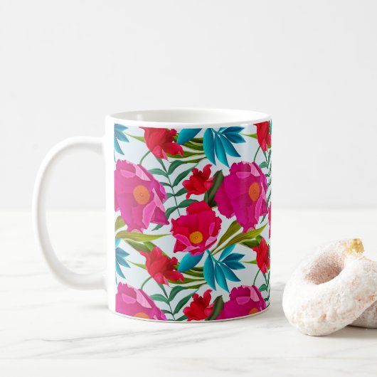 Elegant tropisch roze en rode bloemen koffiemok (Met donut)