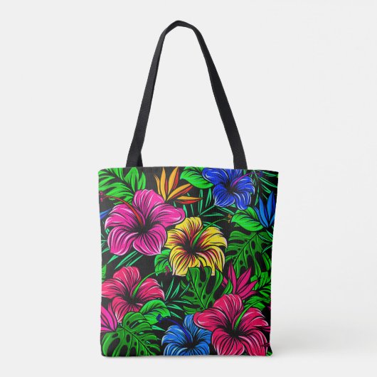 Elegant Tropisch Roze Rood Blauw Hibiscus Bloem Tote Bag (Achterkant)