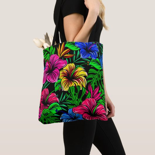 Elegant Tropisch Roze Rood Blauw Hibiscus Bloem Tote Bag (Dichtbij)