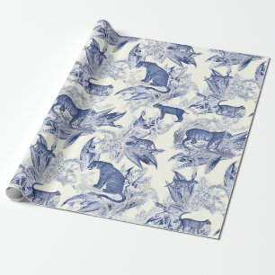 Elegant  Tropisch Tijger Blauw Toile Patroon Cadeaupapier