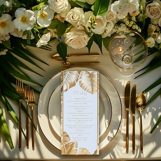 Elegant Tropisch Verguld Goud Monstera Bruiloft Menu