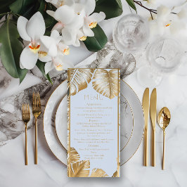 Elegant Tropisch Verguld Goud Monstera Bruiloft Menu