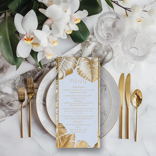 Elegant Tropisch Verguld Goud Monstera Bruiloft Menu