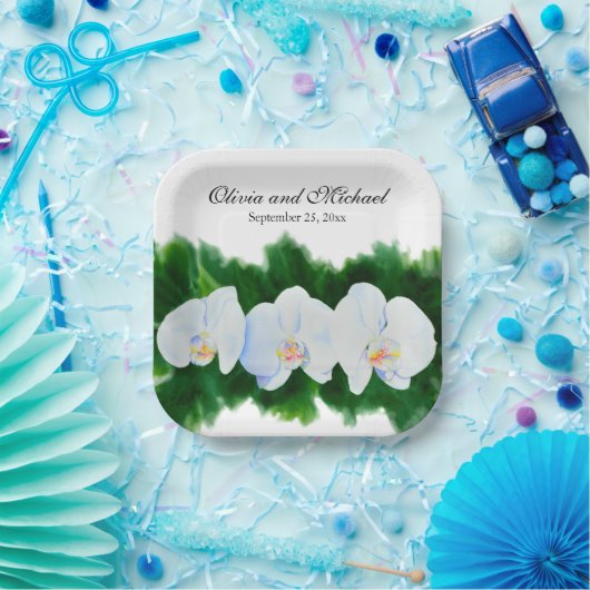 Elegant tropisch wit waterverf orchidee schilderij papieren bordje (Feest)