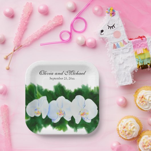 Elegant tropisch wit waterverf orchidee schilderij papieren bordje (Feest)
