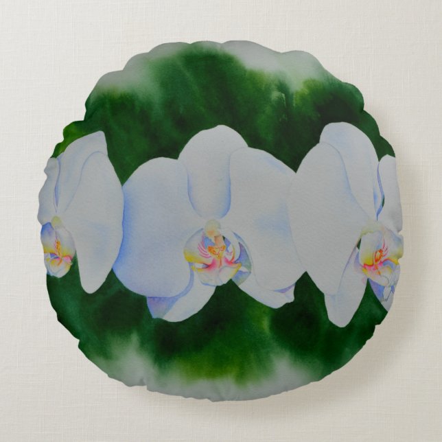 Elegant tropisch wit waterverf orchidee schilderij rond kussen (Voorkant)