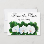 Elegant tropisch wit waterverf orchidee schilderij save the date (Voorkant)