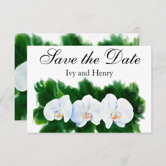 Elegant tropisch wit waterverf orchidee schilderij save the date (Voorkant / Achterkant)