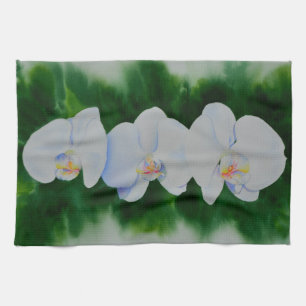 Elegant tropisch wit waterverf orchidee schilderij theedoek
