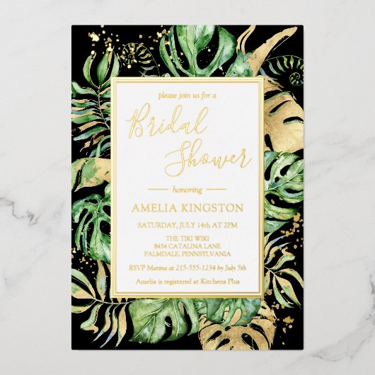 Elegant Tropisch Zwart & Gold Modern Vrijgezellenf Folie Uitnodiging (Voorkant)