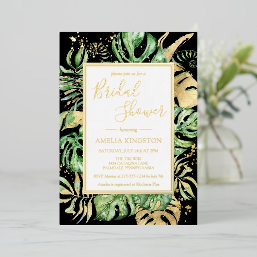 Elegant Tropisch Zwart & Gold Modern Vrijgezellenf Folie Uitnodiging (Staand Voorkant)