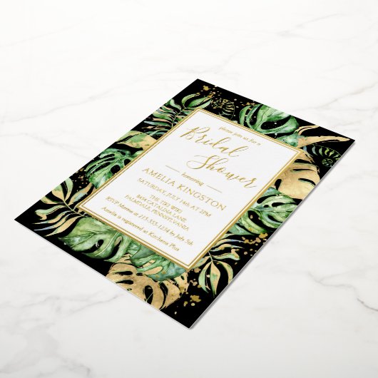 Elegant Tropisch Zwart & Gold Modern Vrijgezellenf Folie Uitnodiging (Gedraaid)