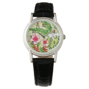 Elegant Tropische Bladeren en Hibiscus Flowers   Horloge