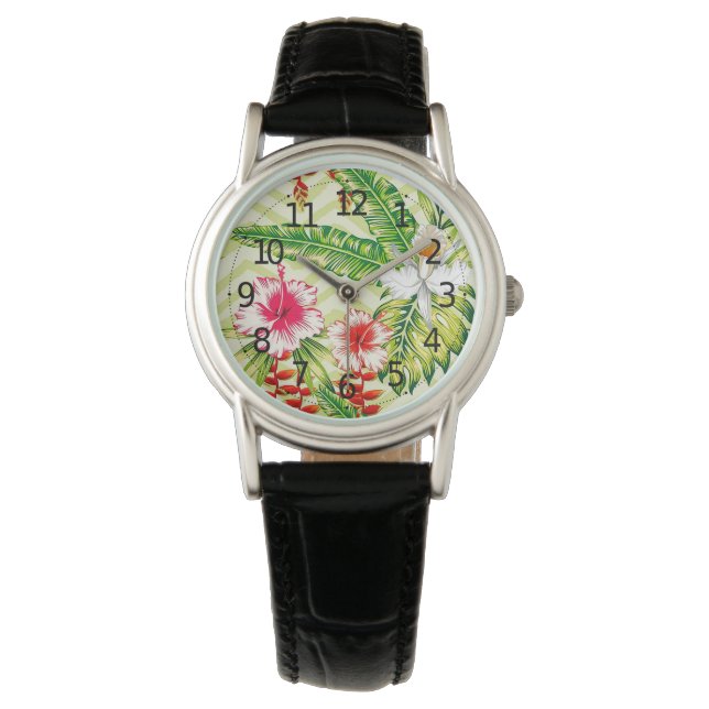 Elegant Tropische Bladeren en Hibiscus Flowers | Horloge (Voorkant)