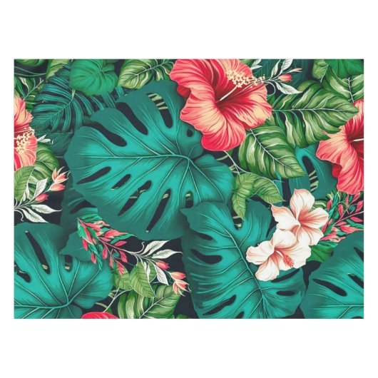 Elegant Tropische Bladeren en Hibiscus Flowers | Tafelkleed (Voorkant (Horizontaal))