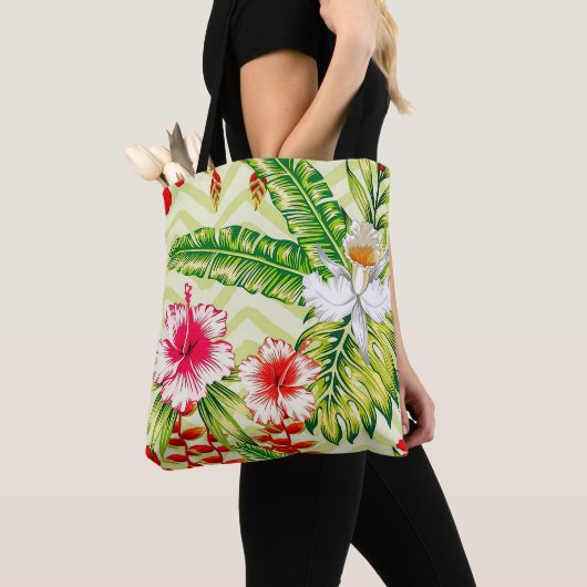 Elegant Tropische Bladeren en Hibiscus Flowers | Tote Bag (Dichtbij)
