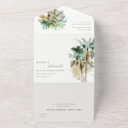 Elegant Tropische Waterverf Palm Trees Wedding All In One Uitnodiging (Buitenkant)