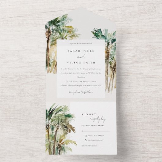 Elegant Tropische Waterverf Palm Trees Wedding All In One Uitnodiging (Binnen)