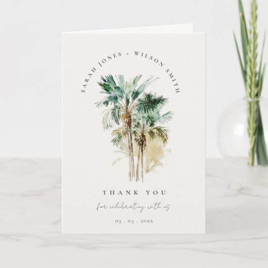 Elegant Tropische Waterverf Palm Trees Wedding Bedankkaart (Voorkant)