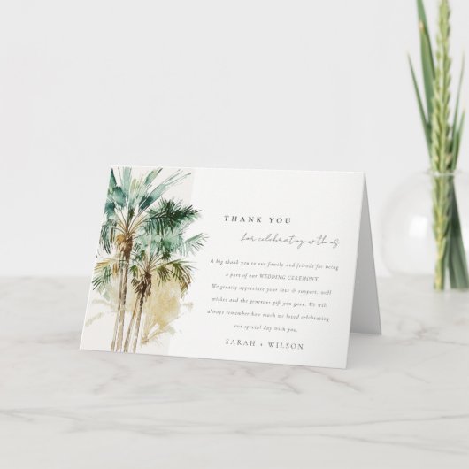 Elegant Tropische Waterverf Palm Trees Wedding Bedankkaart (Voorkant)