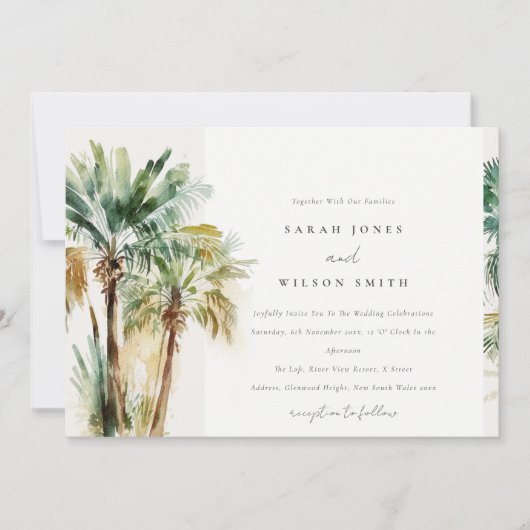 Elegant Tropische Waterverf Palm Trees Wedding Kaart (Voorkant)